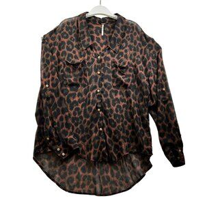 FREE PEOPLE‎ Sheer Leopard Animal Print Button-Up High-Low Long Sleeve Blouse L